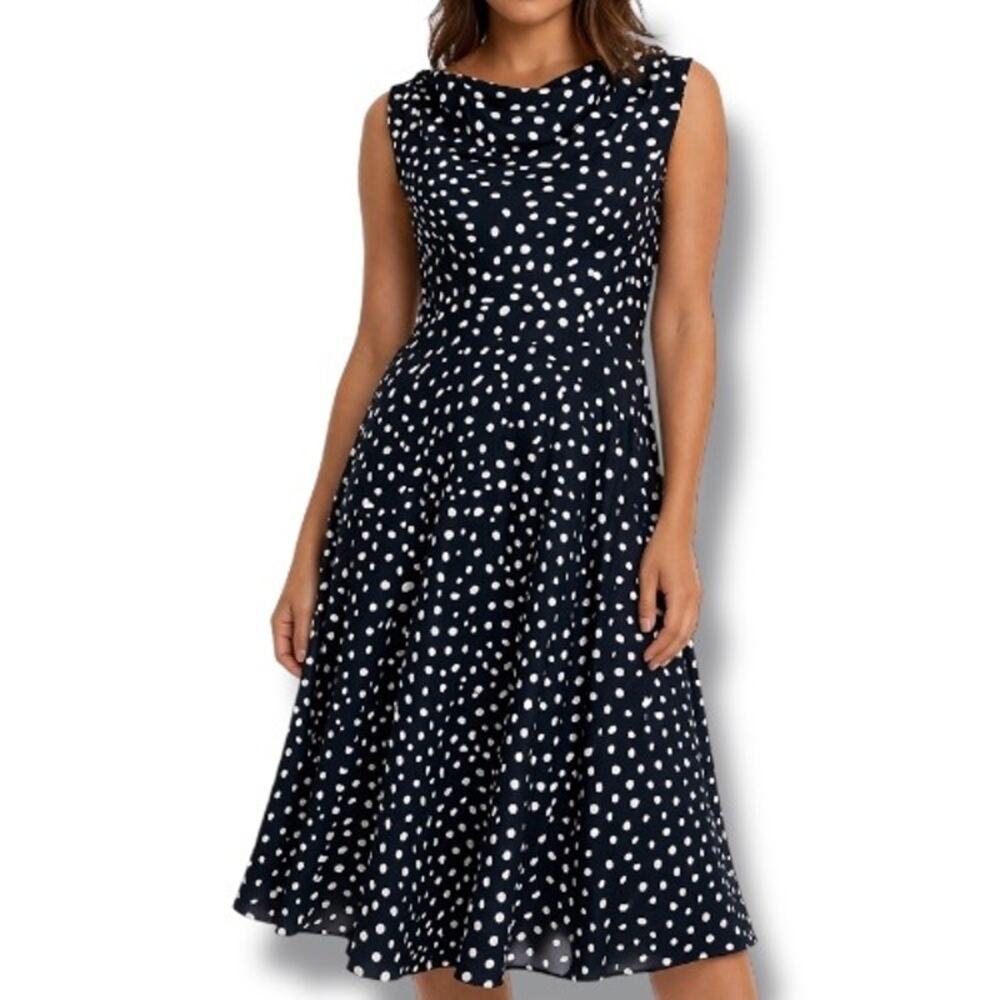 Vintage‎ Polka Dot Midi Dress Black White Size 12 USA Made Cowl Neck Sleeveless